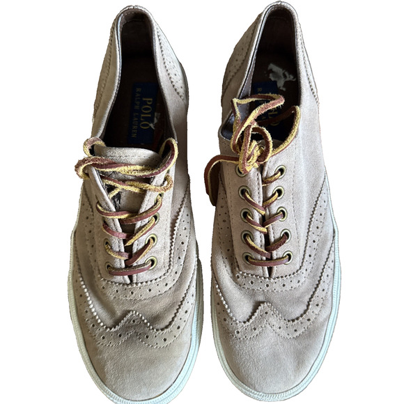 Polo Ralph Lauren Mens US 7.5 Vultan Wingtip Oiled Suede Sneakers Tan Preppy - Picture 2 of 12